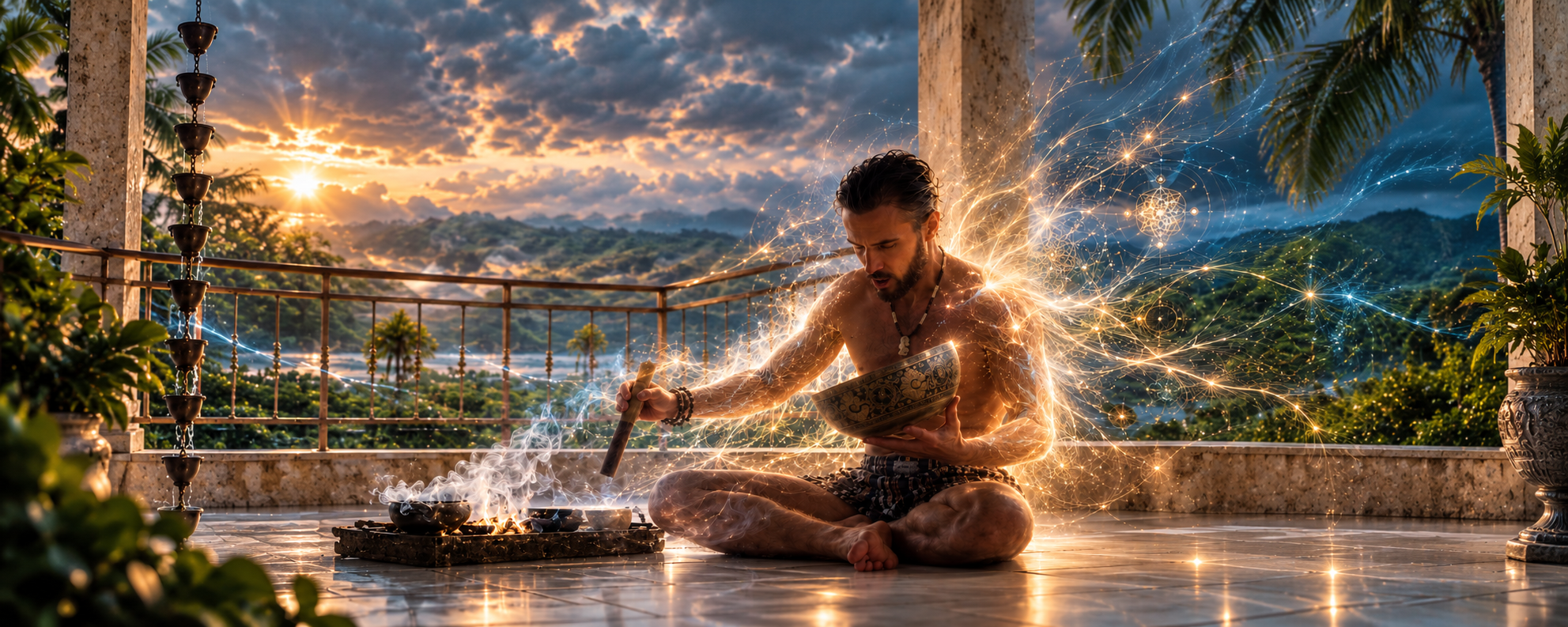 A man playing a singing bowl at sunset on a terrace above the jungle, golden light flowing from him